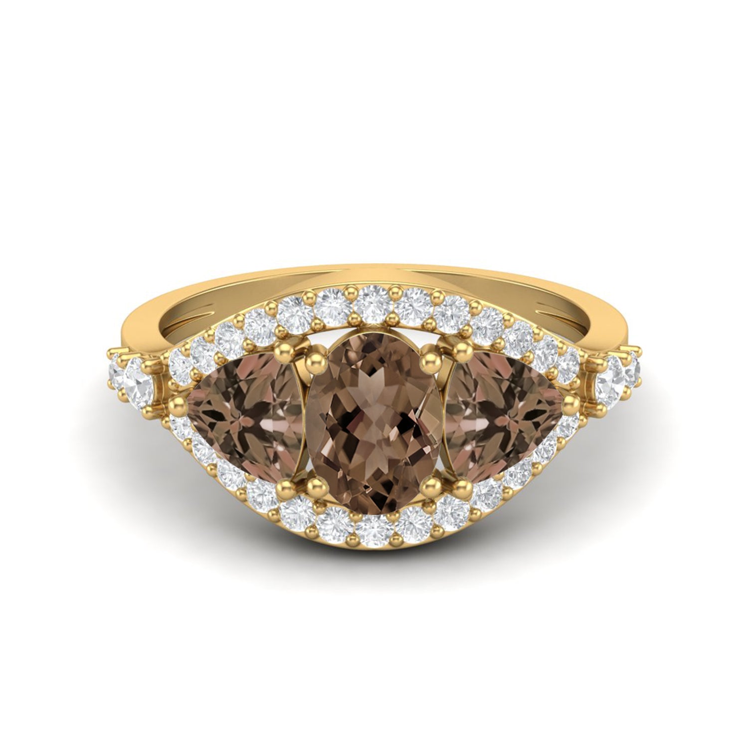 Smoky Quartz 2.00 Ct Oval Three-Stone Halo Ring – 14K Yellow Gold
