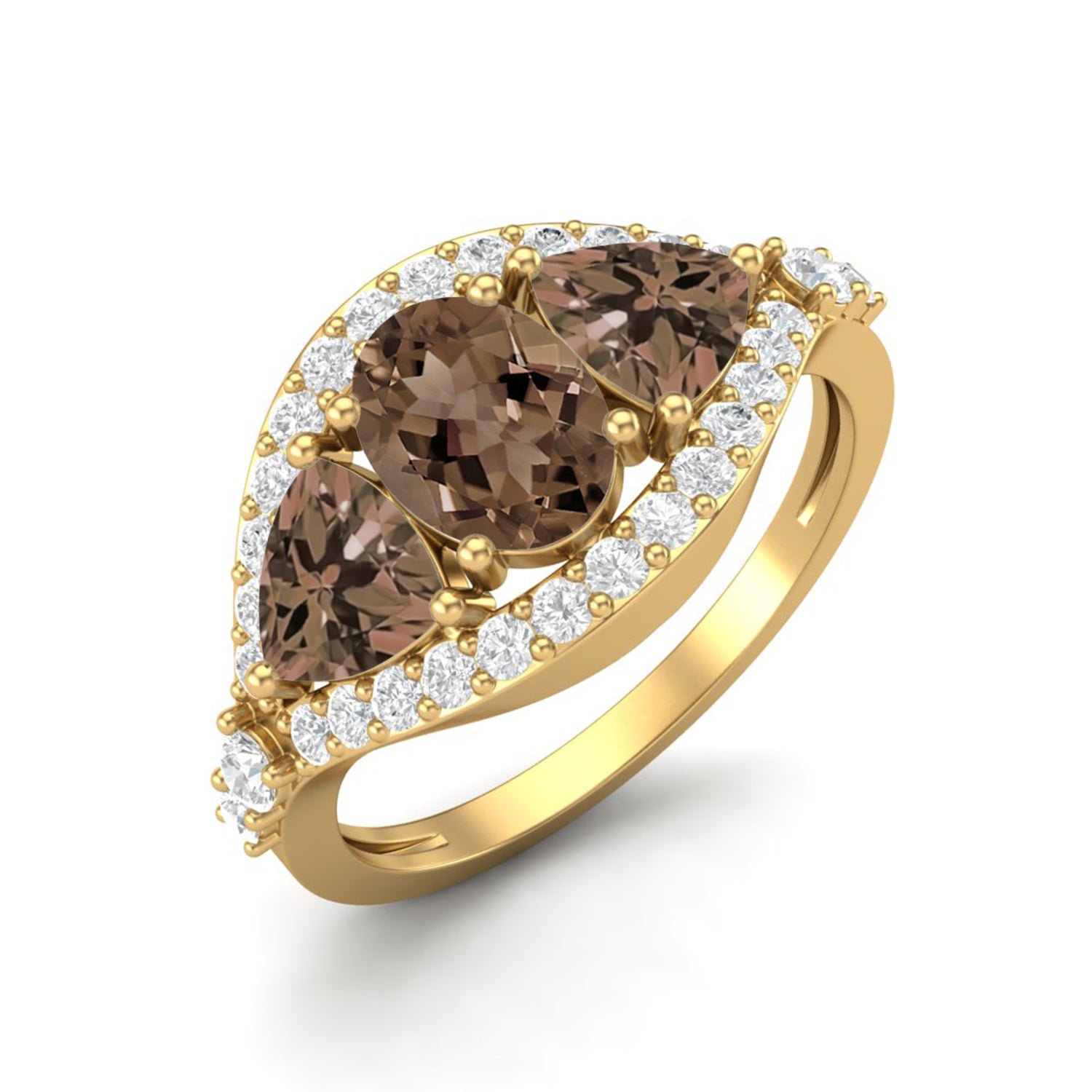 Smoky Quartz 2.00 Ct Oval Three-Stone Halo Ring – 14K Yellow Gold