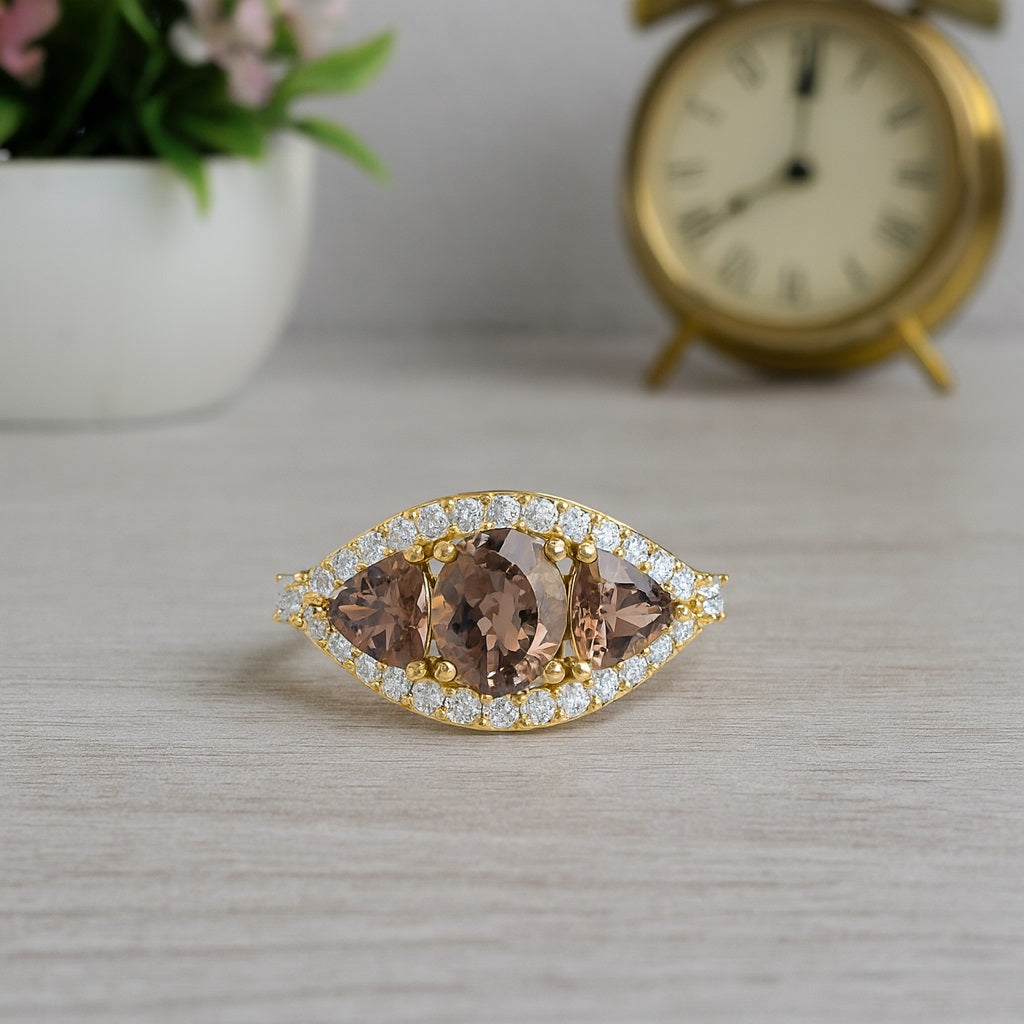 Smoky Quartz 2.00 Ct Oval Three-Stone Halo Ring – 14K Yellow Gold