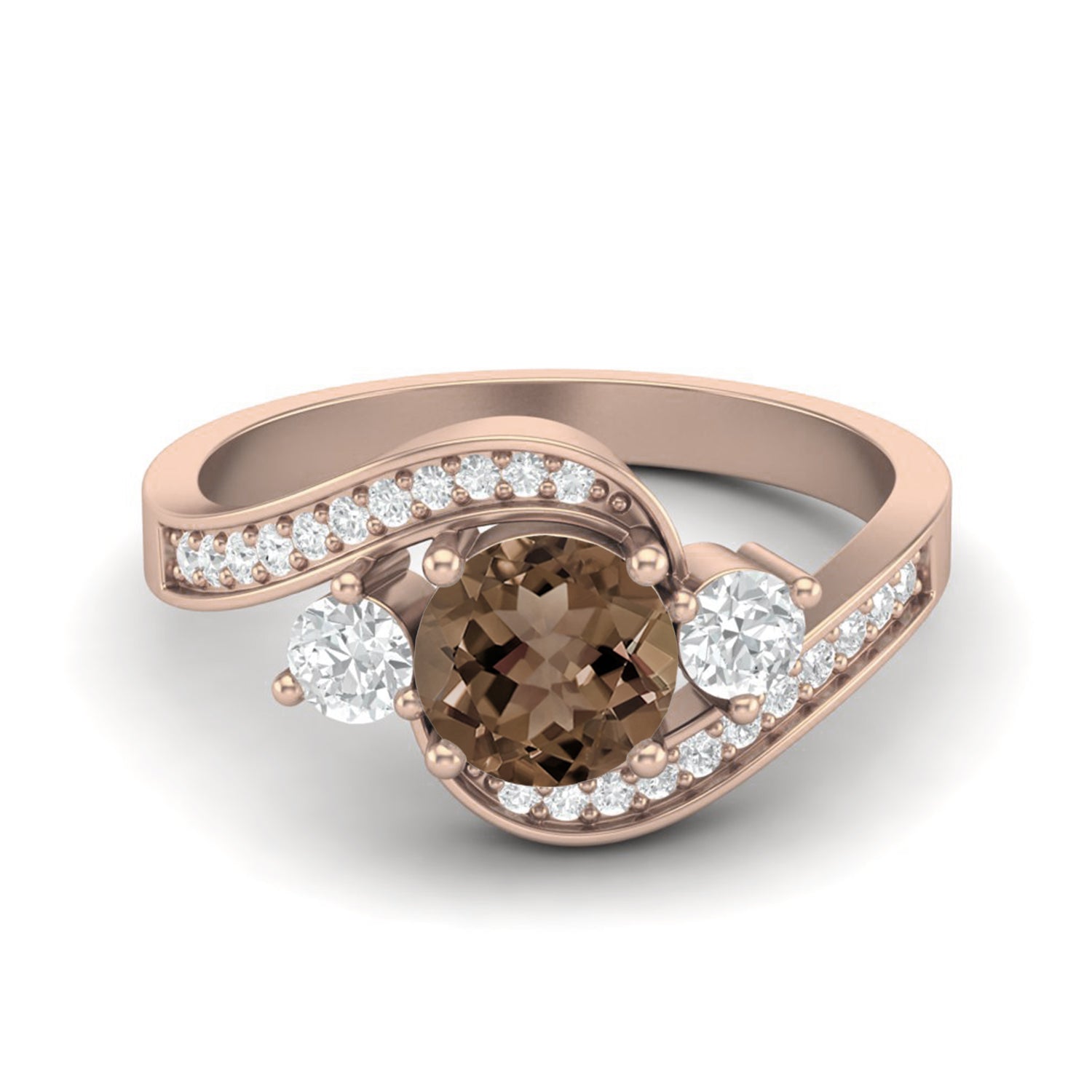 Smoky Quartz 0.75 Ct Round Three-Stone Wave Ring – 14K Yellow Gold
