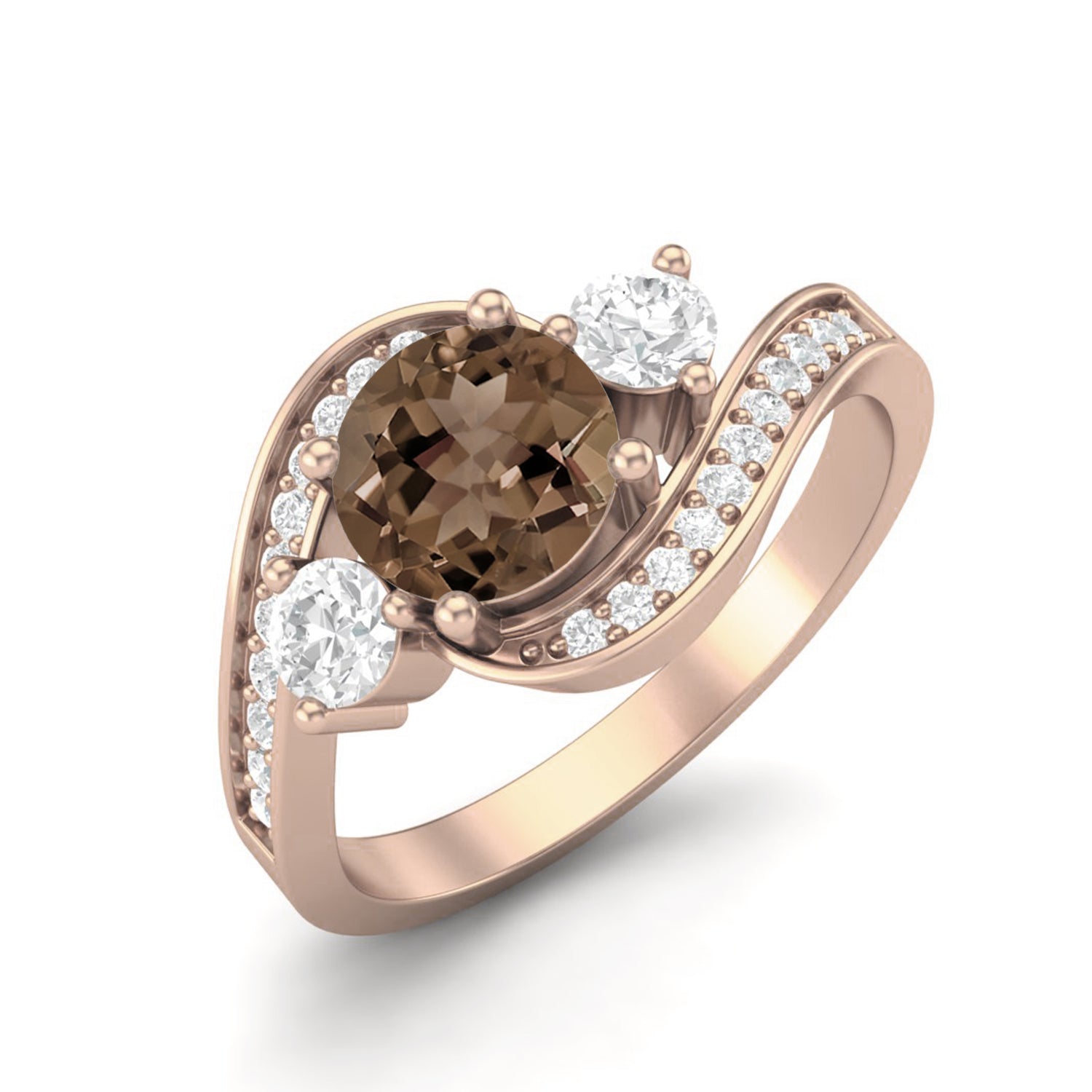 Smoky Quartz 0.75 Ct Round Three-Stone Wave Ring – 14K Yellow Gold