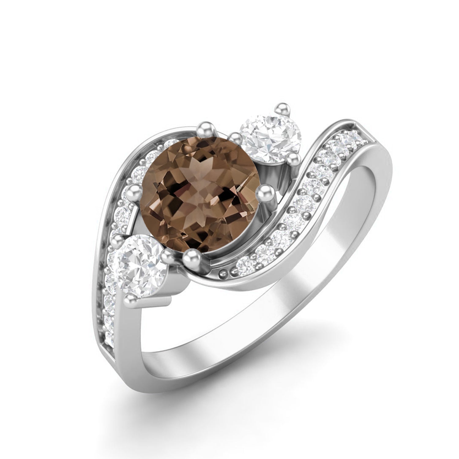 Smoky Quartz 0.75 Ct Round Three-Stone Wave Ring – 14K Yellow Gold