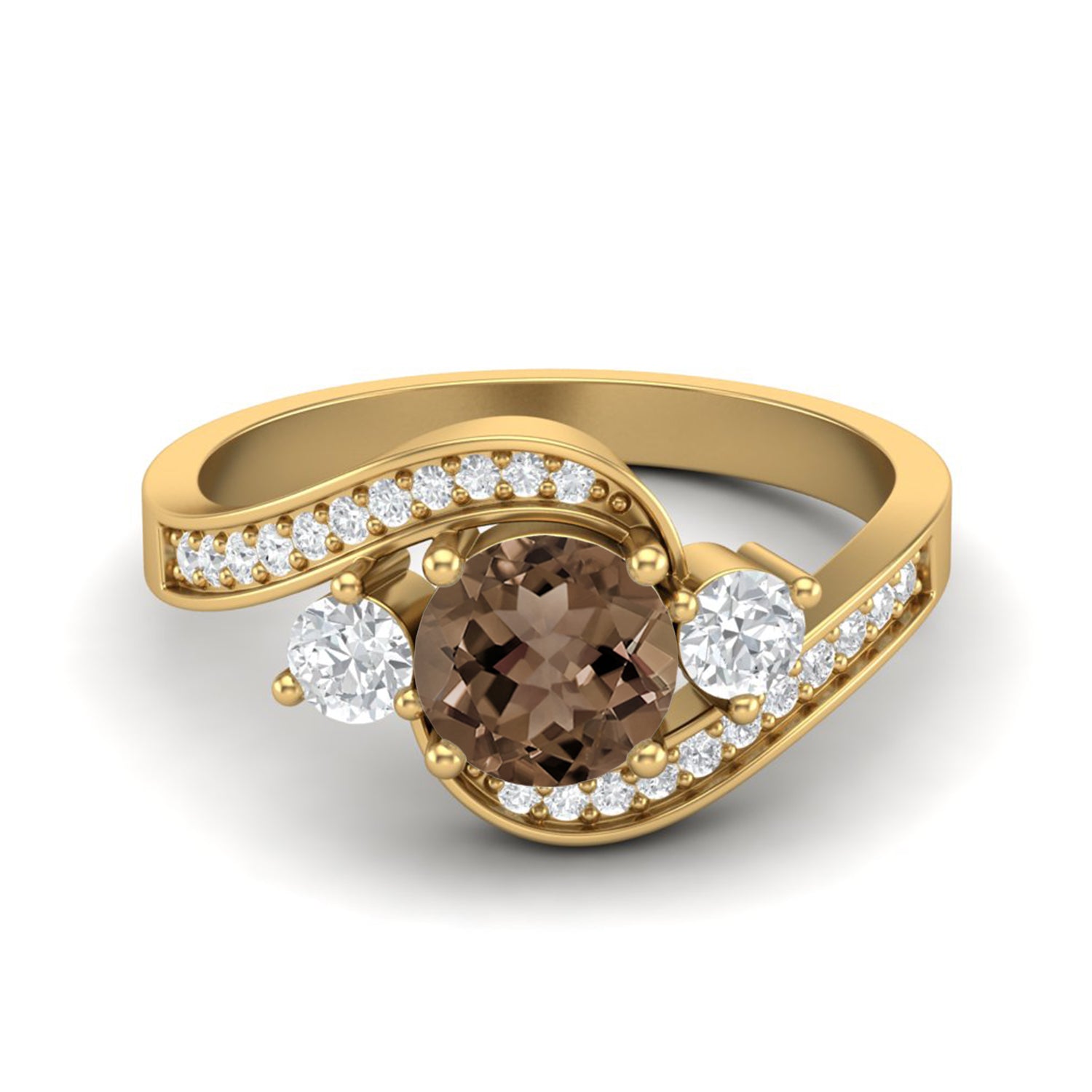 Smoky Quartz 0.75 Ct Round Three-Stone Wave Ring – 14K Yellow Gold