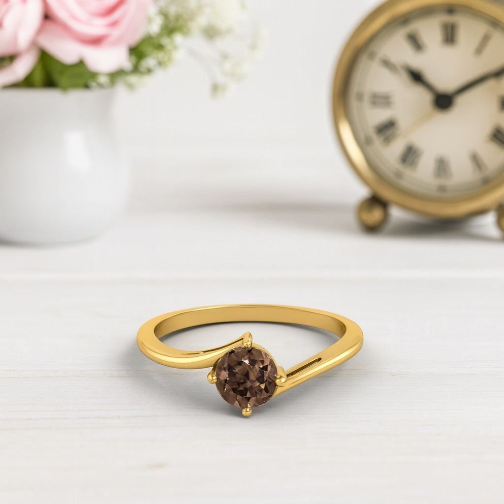 Smoky Quartz 0.50 Ct Round Solitaire Bypass Ring – 14K Yellow Gold