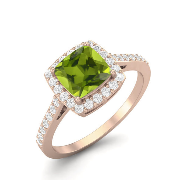 Cushion Shaped Peridot Ring 925 Sterling Silver Solitaire Halo Women Engagement Ring