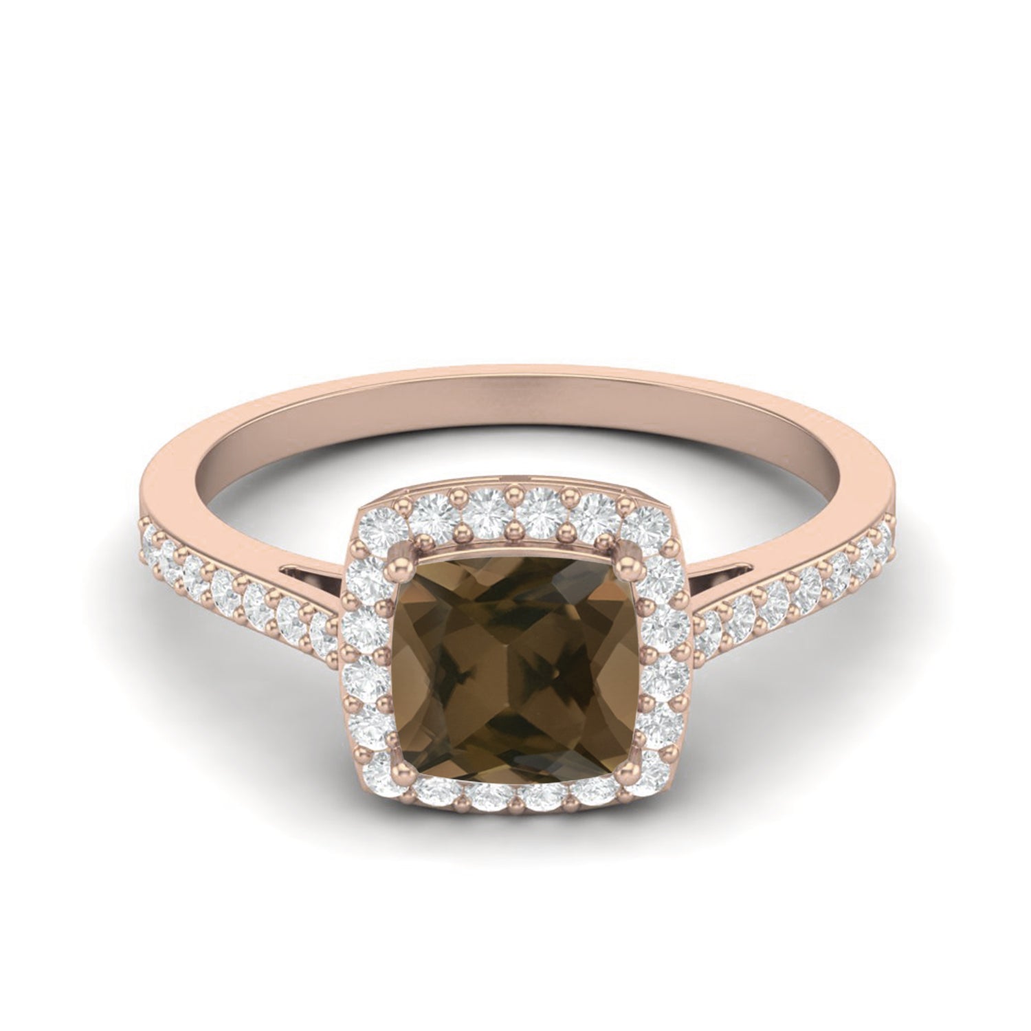 Smoky Quartz 1.30 Ct Cushion Cut Halo Pavé Ring – 14K Yellow Gold
