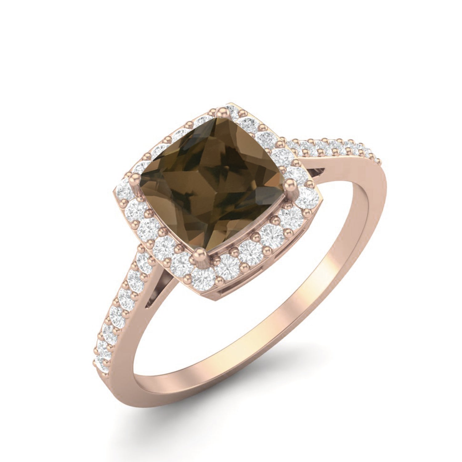Smoky Quartz 1.30 Ct Cushion Cut Halo Pavé Ring – 14K Yellow Gold