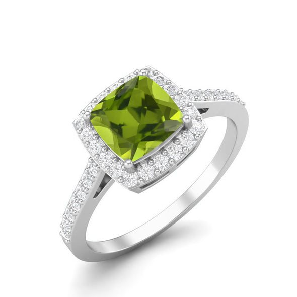 Cushion Shaped Peridot Ring 925 Sterling Silver Solitaire Halo Women Engagement Ring