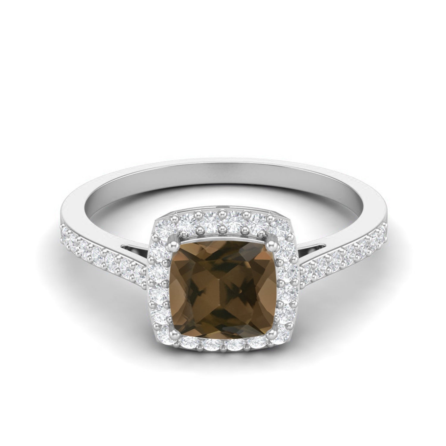 Smoky Quartz 1.30 Ct Cushion Cut Halo Pavé Ring – 14K Yellow Gold