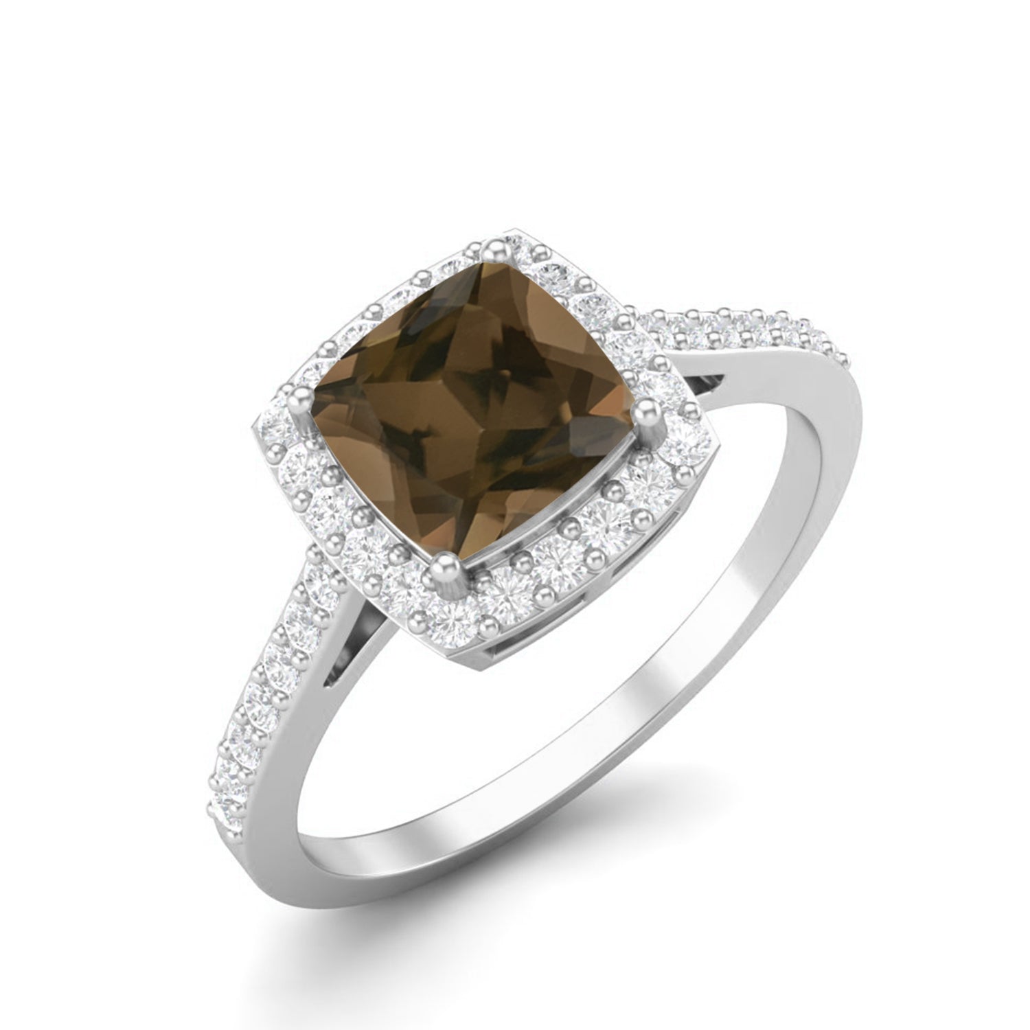 Smoky Quartz 1.30 Ct Cushion Cut Halo Pavé Ring – 14K Yellow Gold