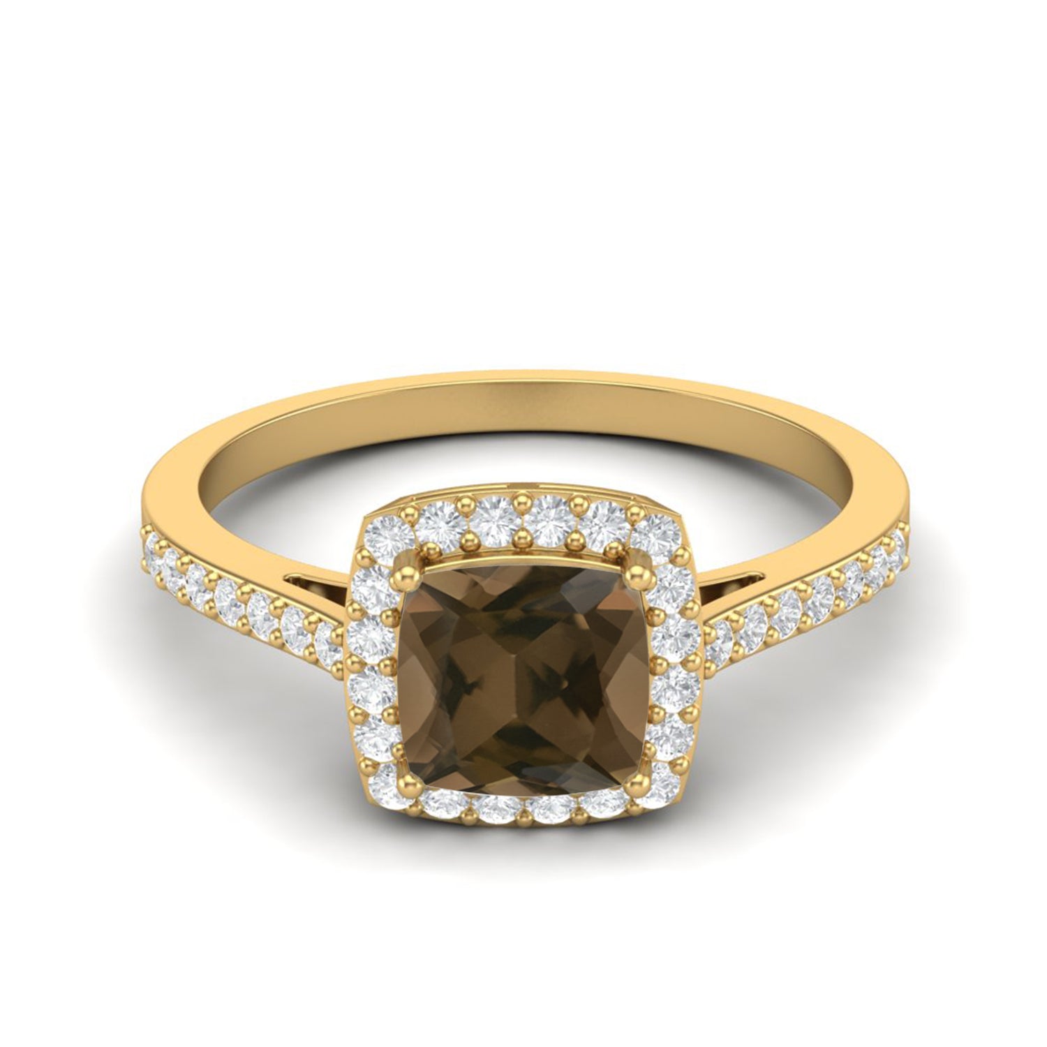 Smoky Quartz 1.30 Ct Cushion Cut Halo Pavé Ring – 14K Yellow Gold