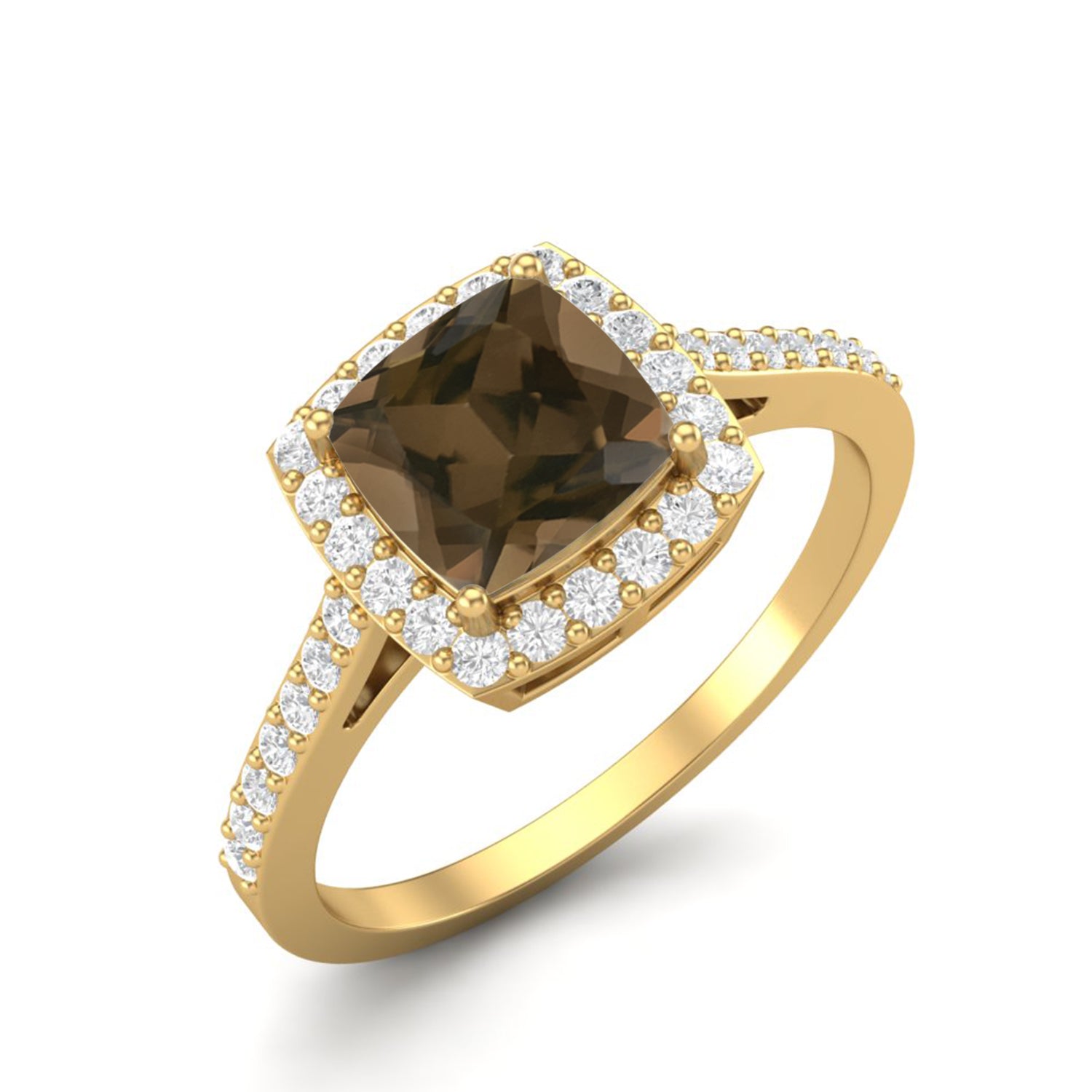Smoky Quartz 1.30 Ct Cushion Cut Halo Pavé Ring – 14K Yellow Gold
