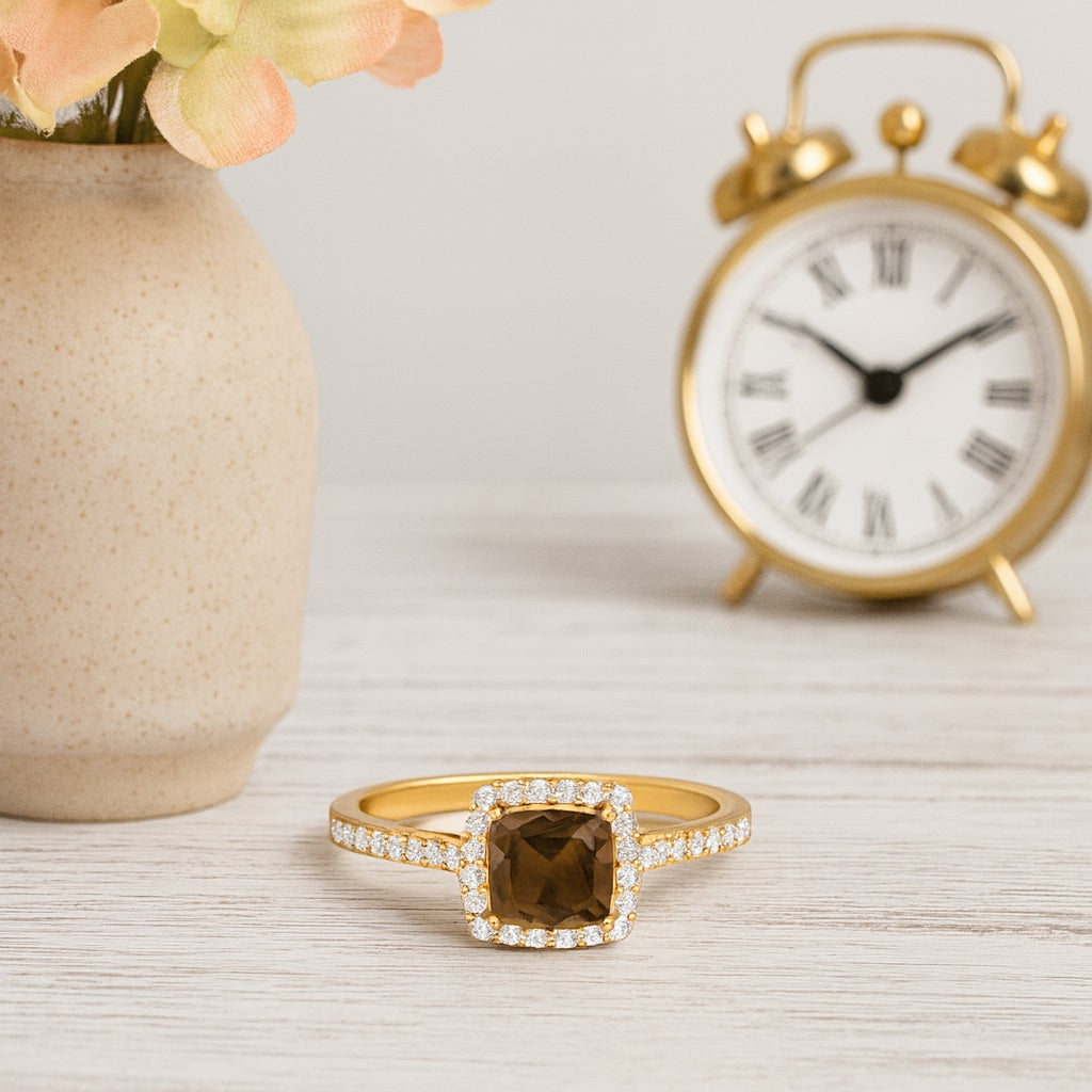 Smoky Quartz 1.30 Ct Cushion Cut Halo Pavé Ring – 14K Yellow Gold