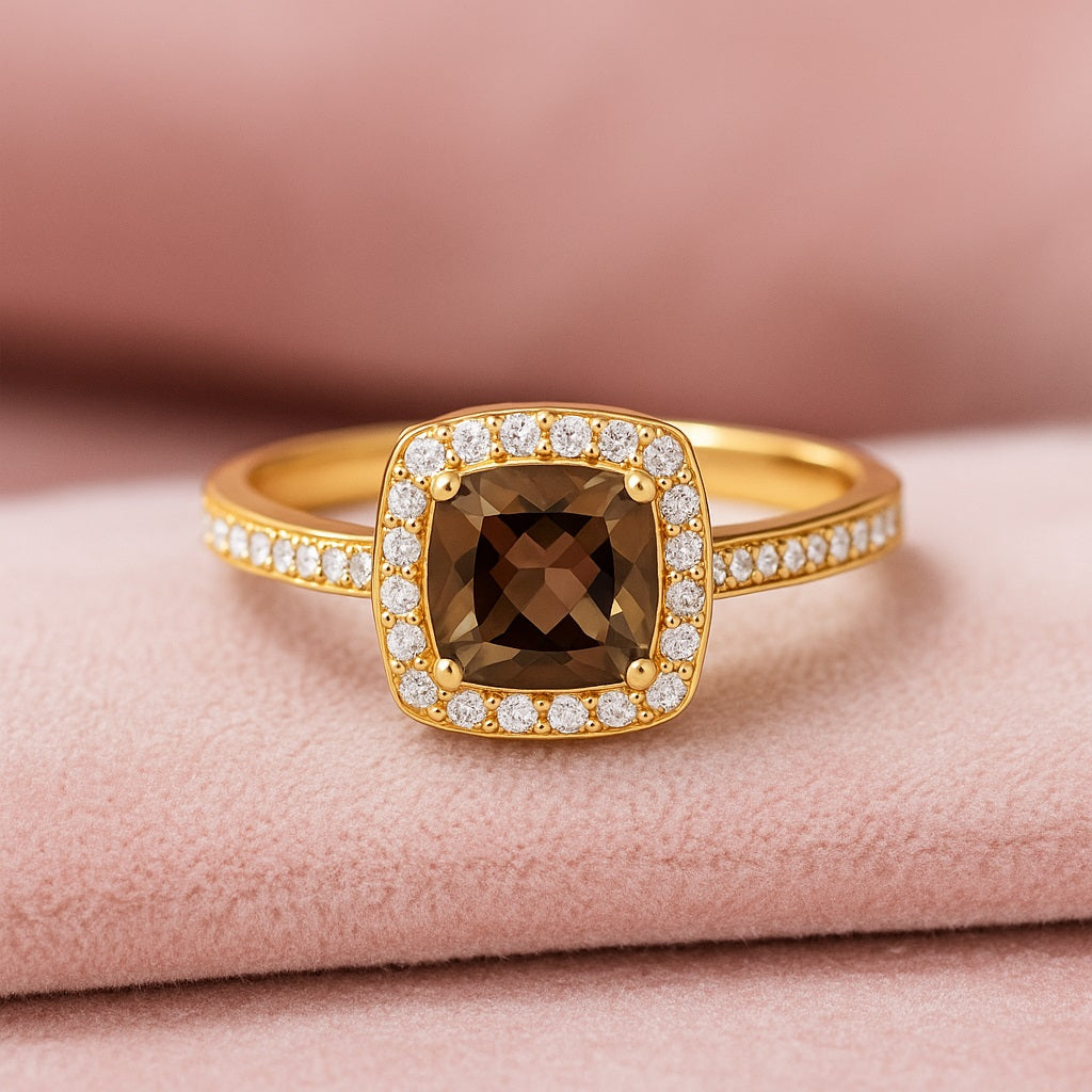 Smoky Quartz 1.30 Ct Cushion Cut Halo Pavé Ring – 14K Yellow Gold