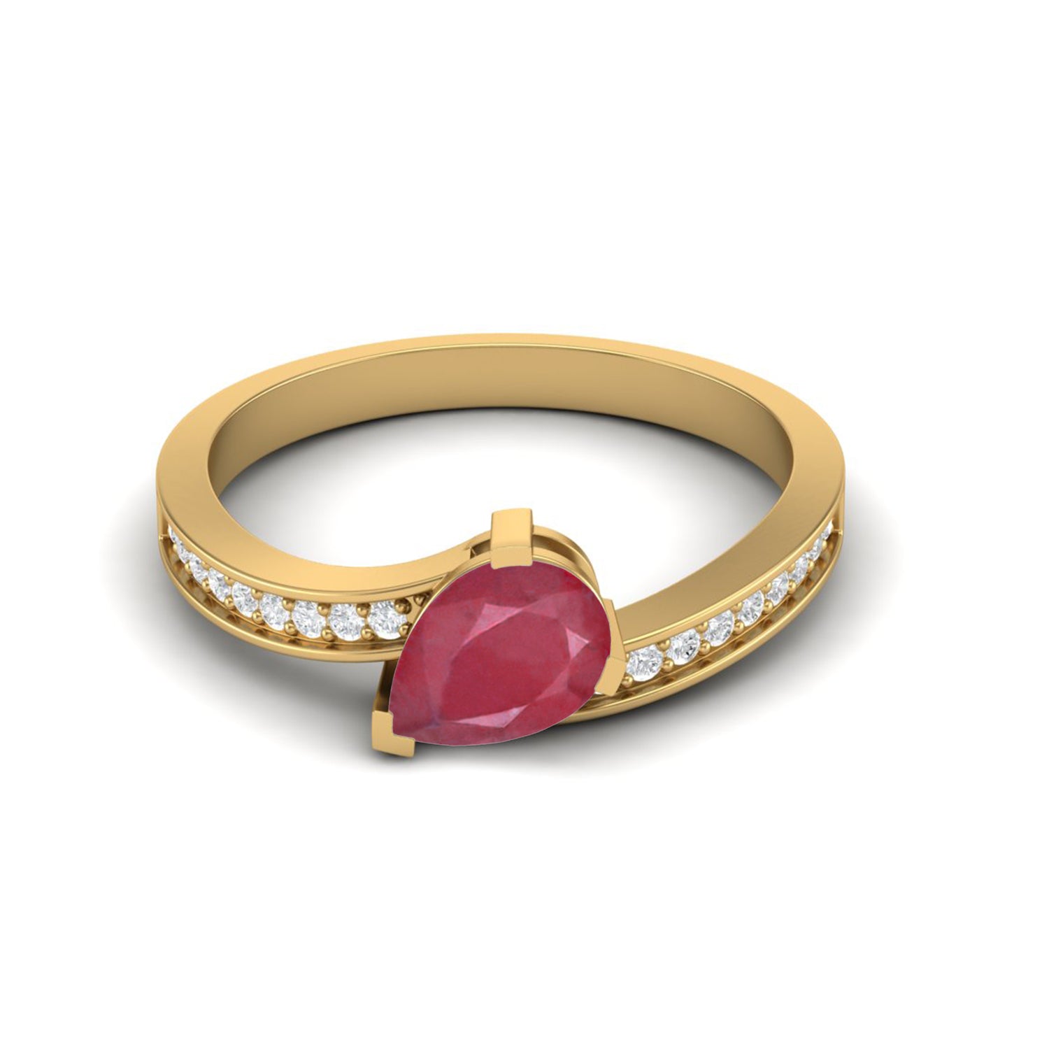 Ruby 0.75 Ct Pear Cut Solitaire Accents Ring – 14k Yellow Gold