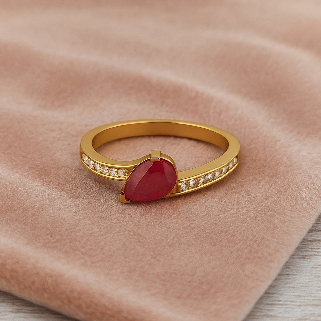 Ruby 0.75 Ct Pear Cut Solitaire Accents Ring – 14k Yellow Gold