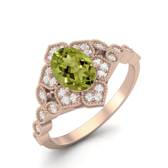 Vintage Inspired 1.20 Ctw Oval Shape Peridot Gemstone 925 Sterling Silver Solitaire Bridal Wedding Milgrain Band Ring