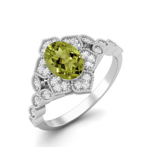 Vintage Inspired 1.20 Ctw Oval Shape Peridot Gemstone 925 Sterling Silver Solitaire Bridal Wedding Milgrain Band Ring