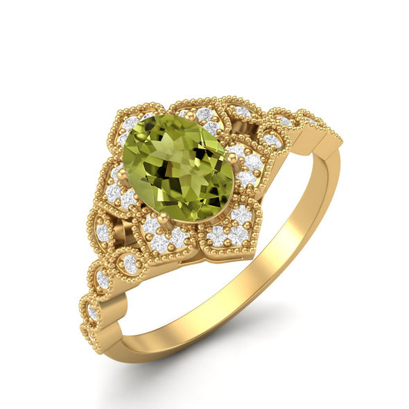 Vintage Inspired 1.20 Ctw Oval Shape Peridot Gemstone 925 Sterling Silver Solitaire Bridal Wedding Milgrain Band Ring