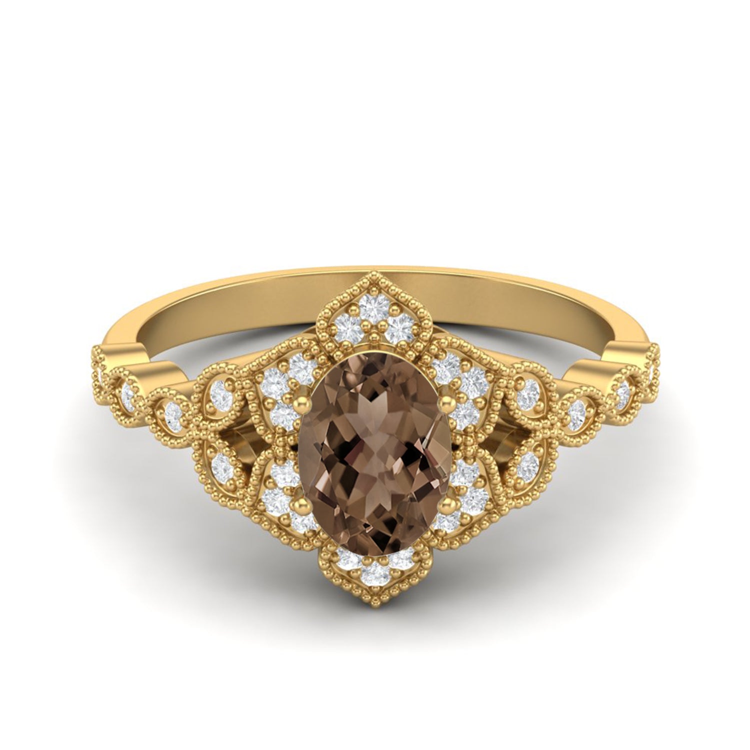 Smoky Quartz 1.00 Ct Oval Cut Vintage Inspired Ring – 14K Yellow Gold