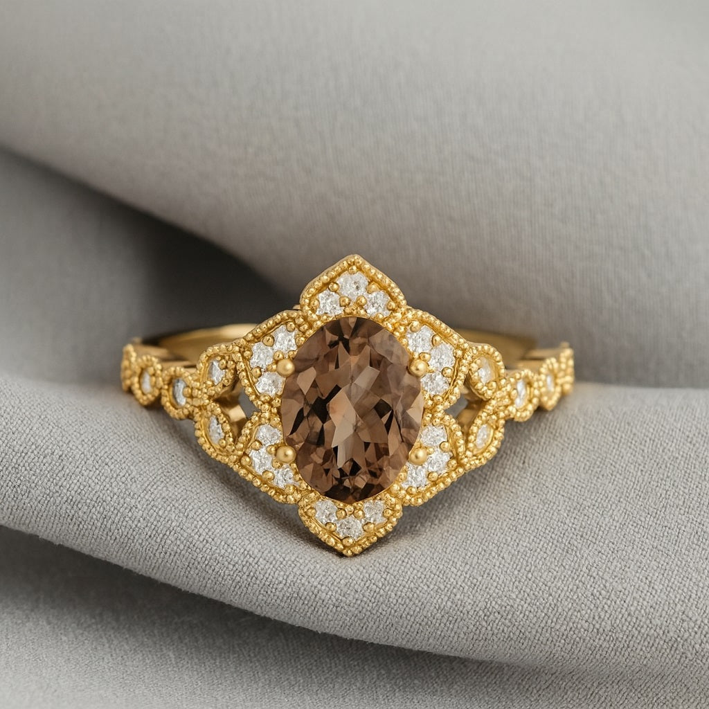 Smoky Quartz 1.00 Ct Oval Cut Vintage Inspired Ring – 14K Yellow Gold
