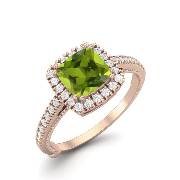 1.49 Ctw Cushion Shape Peridot Gemstone 925 Sterling Solitaire Halo Engagement Ring