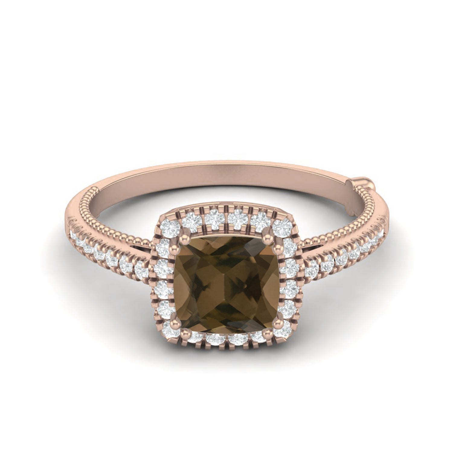 Smoky Quartz 1.30 Ct Cushion Cut Halo Accent Ring – 14K Yellow Gold