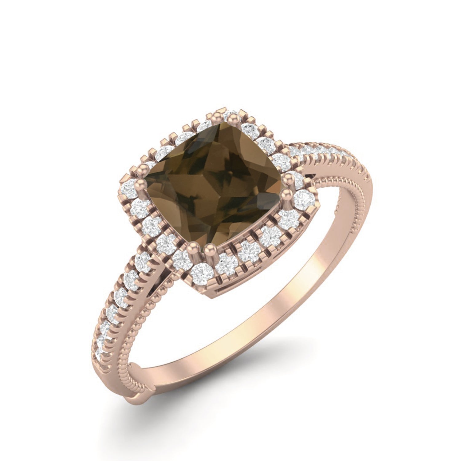 Smoky Quartz 1.30 Ct Cushion Cut Halo Accent Ring – 14K Yellow Gold