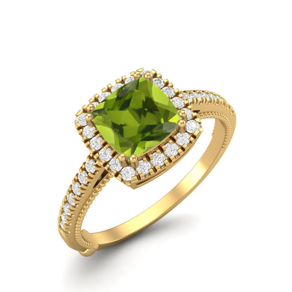 1.49 Ctw Cushion Shape Peridot Gemstone 925 Sterling Solitaire Halo Engagement Ring