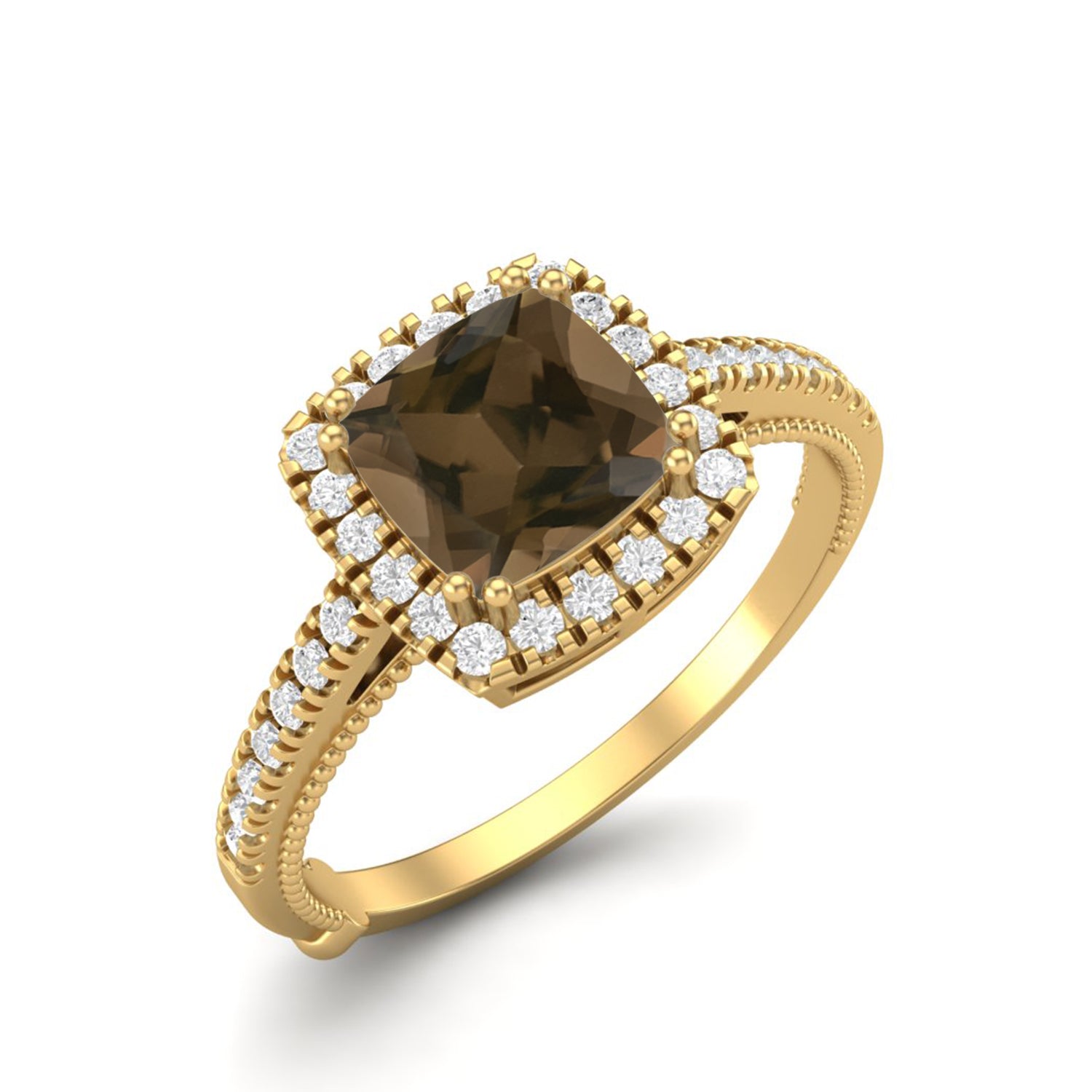 Smoky Quartz 1.30 Ct Cushion Cut Halo Accent Ring – 14K Yellow Gold