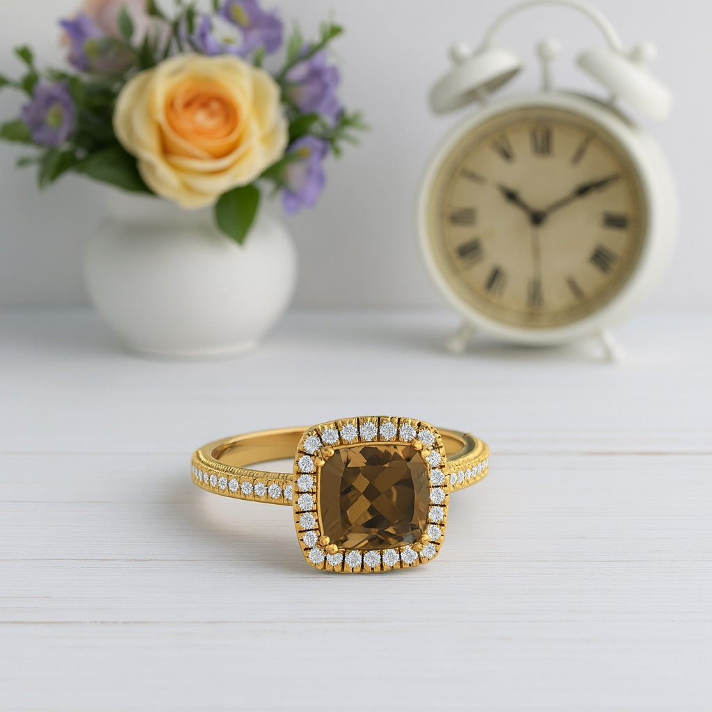 Smoky Quartz 1.30 Ct Cushion Cut Halo Accent Ring – 14K Yellow Gold