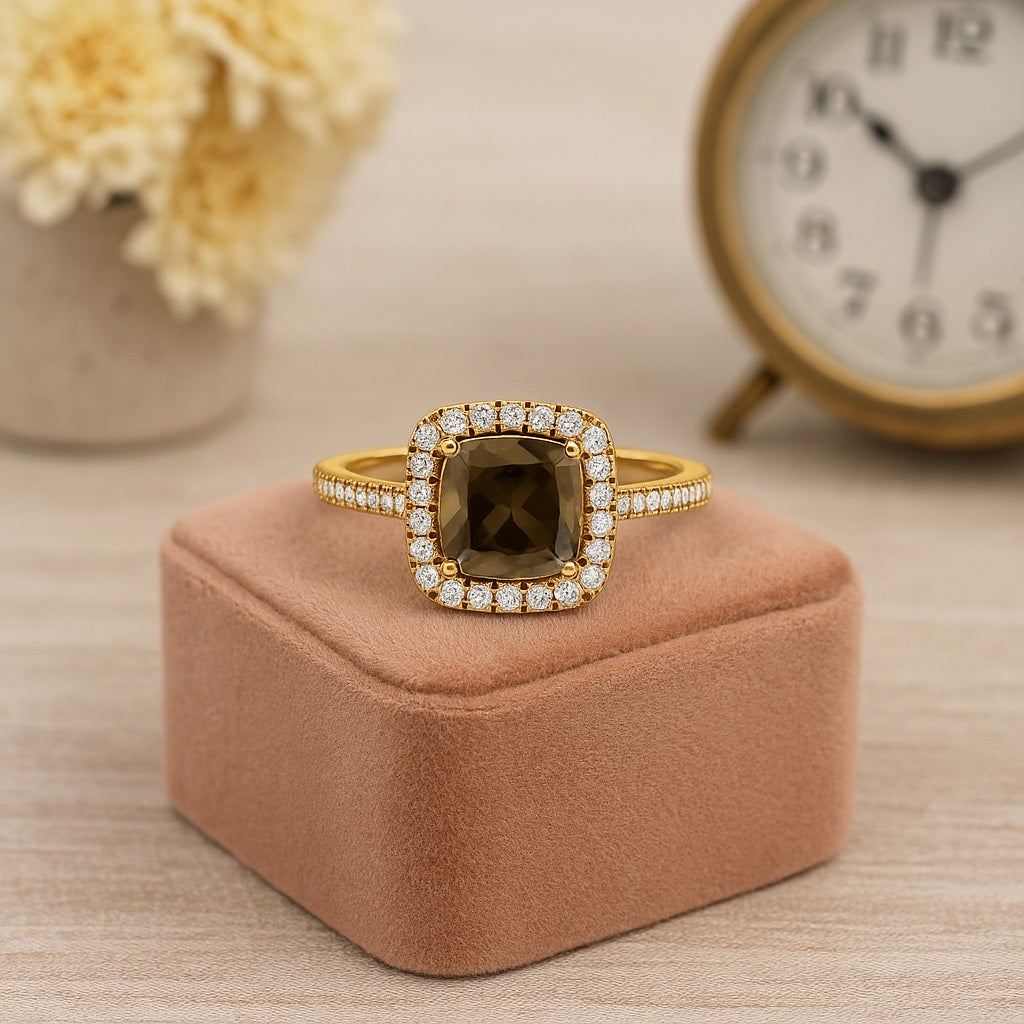 Smoky Quartz 1.30 Ct Cushion Cut Halo Accent Ring – 14K Yellow Gold