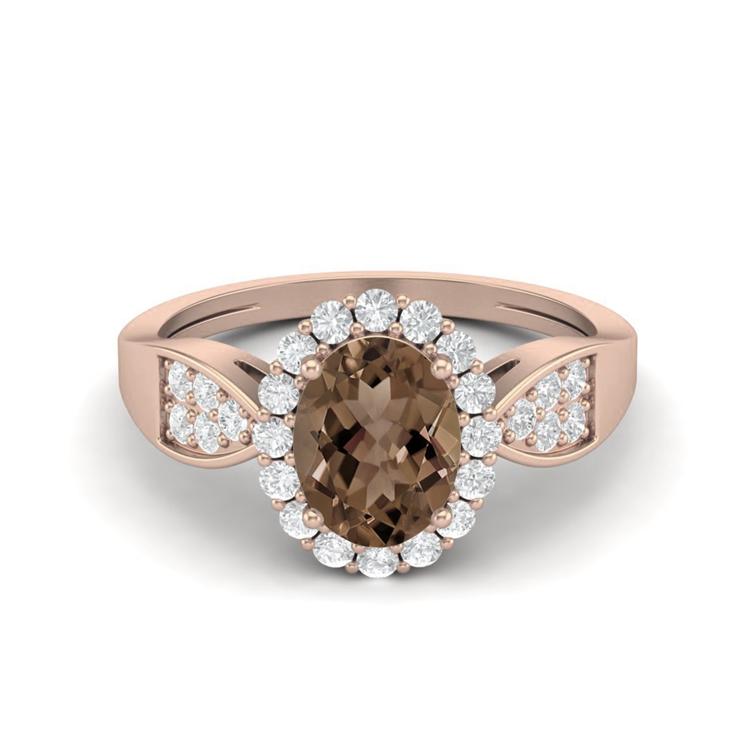 Smoky Quartz 1.50 Ct Oval Cut Halo Split Shank Ring – 14K Yellow Gold