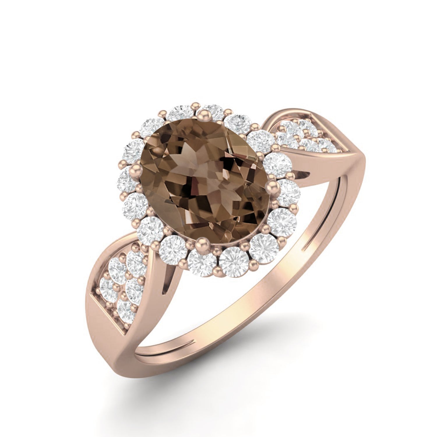 Smoky Quartz 1.50 Ct Oval Cut Halo Split Shank Ring – 14K Yellow Gold