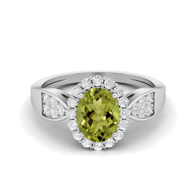 8X6MM Oval Shape Peridot Wedding Ring 925 Sterling Silver Solitaire Side Stone Engagement Ring