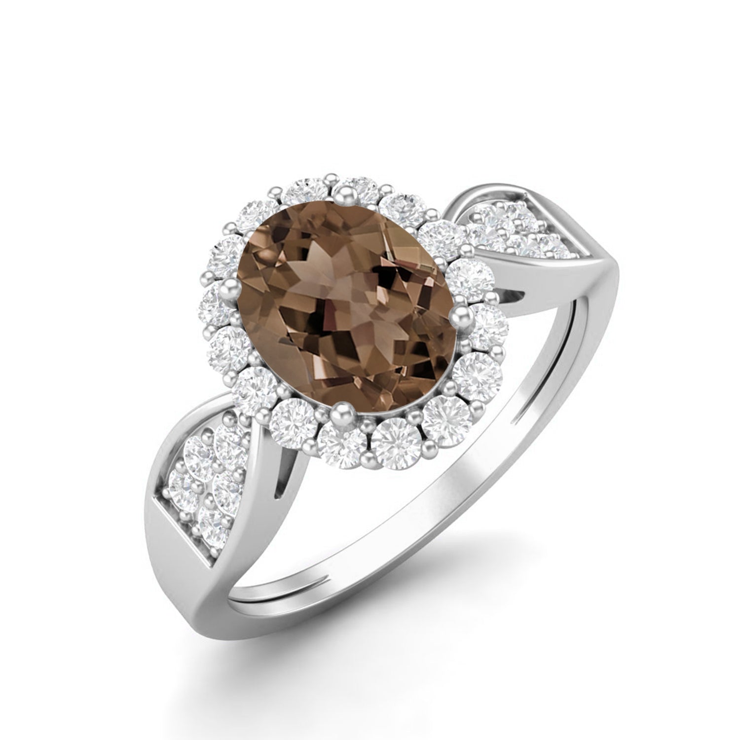 Smoky Quartz 1.50 Ct Oval Cut Halo Split Shank Ring – 14K Yellow Gold