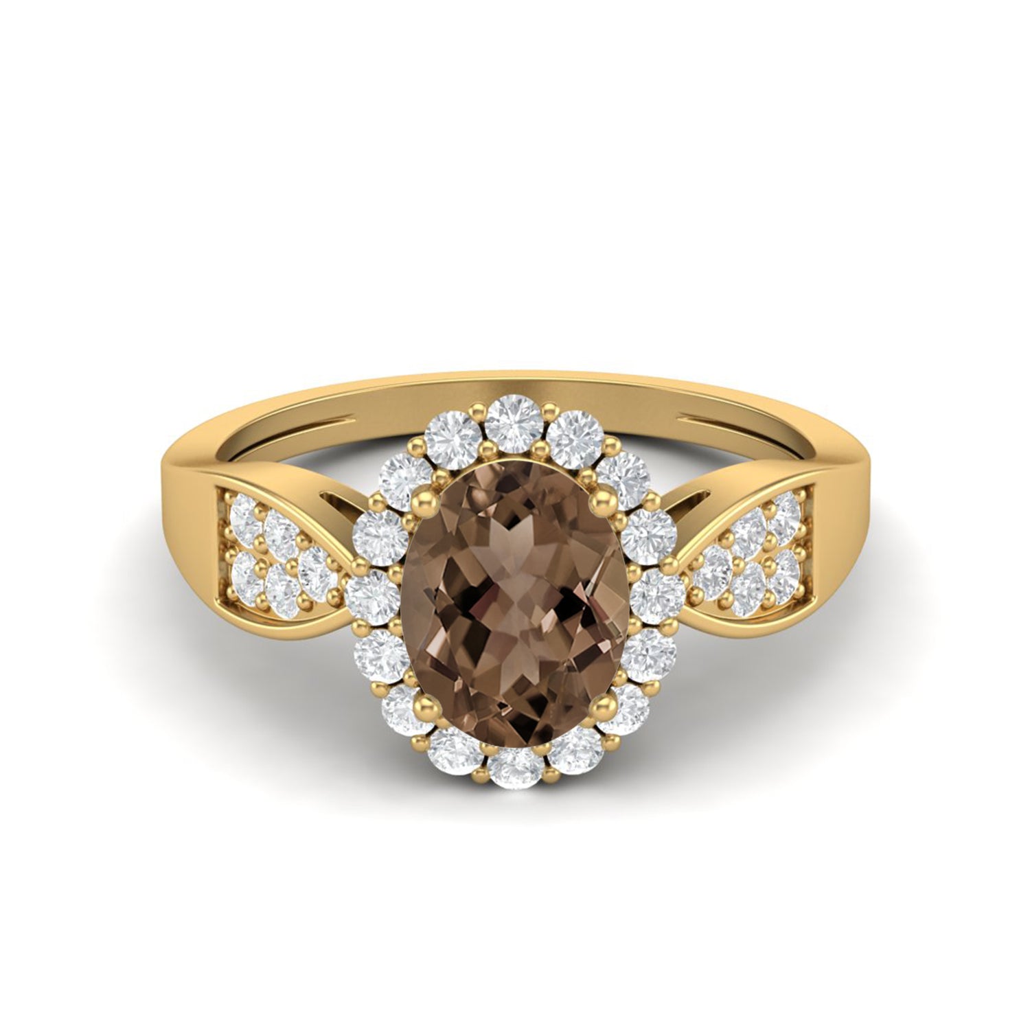 Smoky Quartz 1.50 Ct Oval Cut Halo Split Shank Ring – 14K Yellow Gold