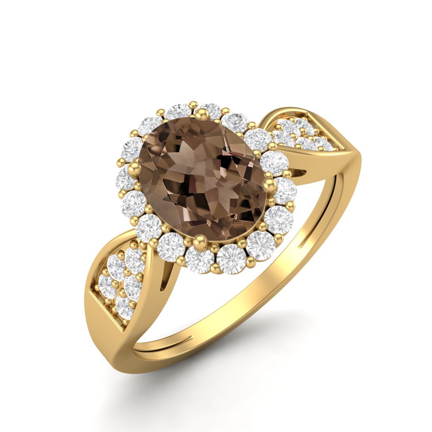 Smoky Quartz 1.50 Ct Oval Cut Halo Split Shank Ring – 14K Yellow Gold