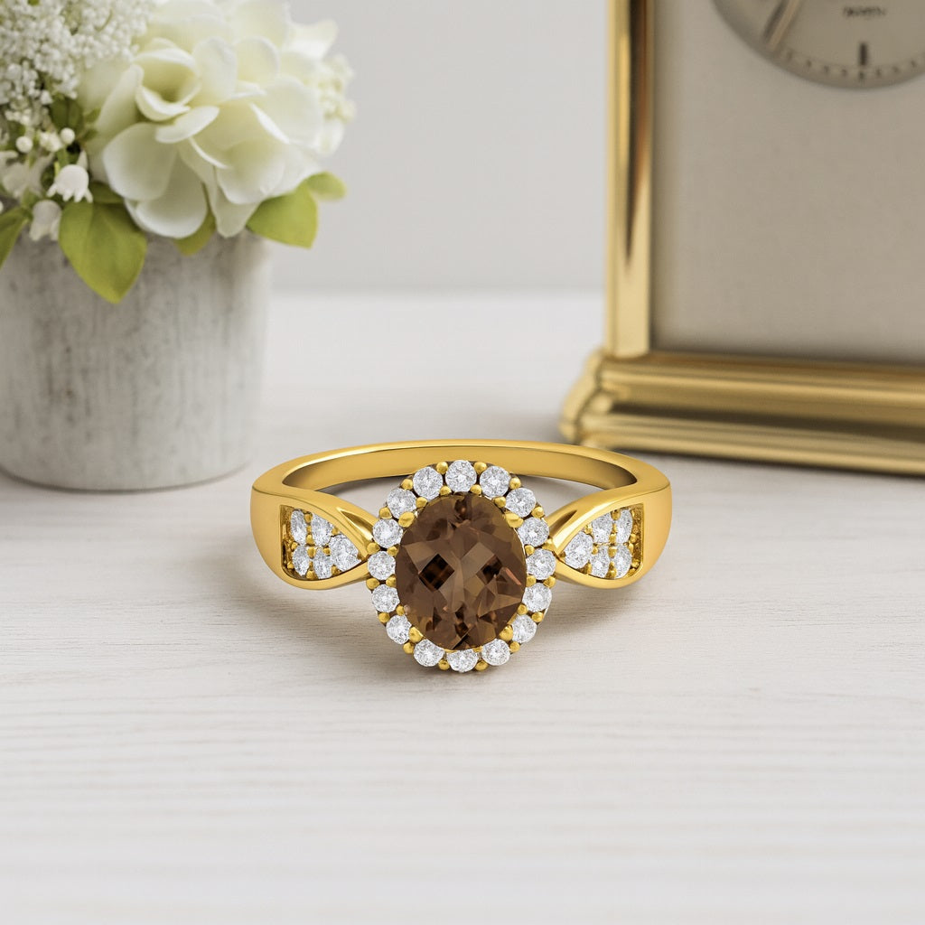 Smoky Quartz 1.50 Ct Oval Cut Halo Split Shank Ring – 14K Yellow Gold