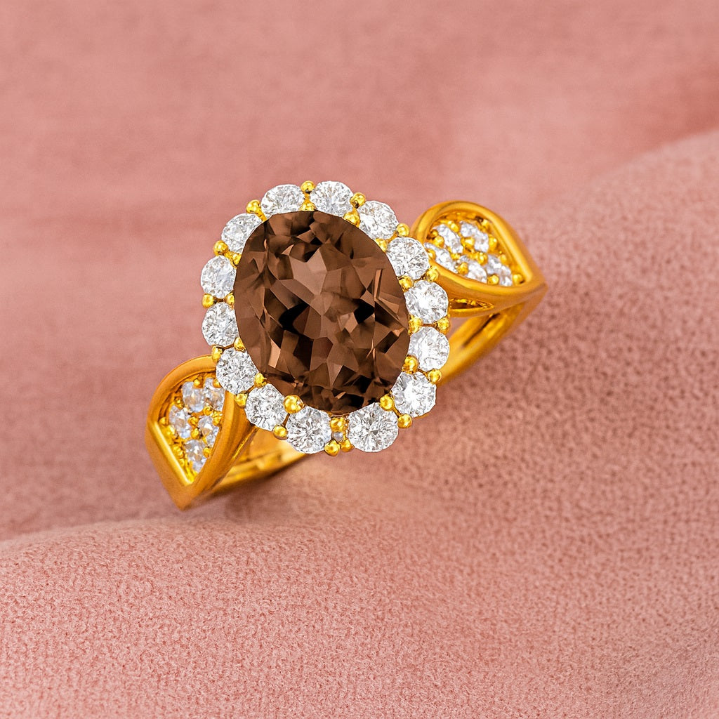 Smoky Quartz 1.50 Ct Oval Cut Halo Split Shank Ring – 14K Yellow Gold