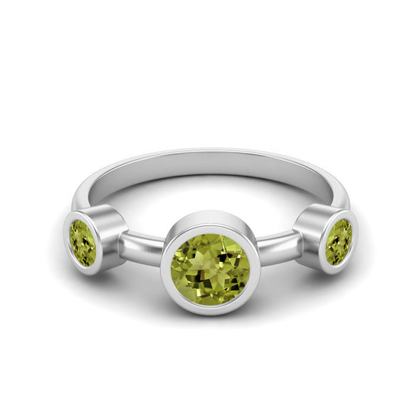 4MM Round Shape Peridot Gemstone 925 Sterling Silver Three Stone Bezel Set Women Promise Ring