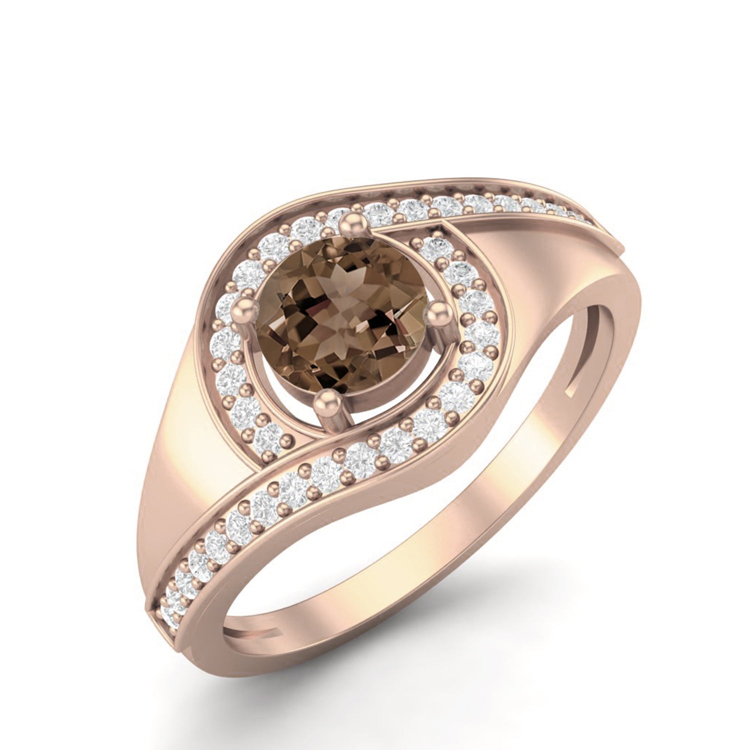 Smoky Quartz 0.50 Ct Round Halo Accent Ring – 14K Yellow Gold