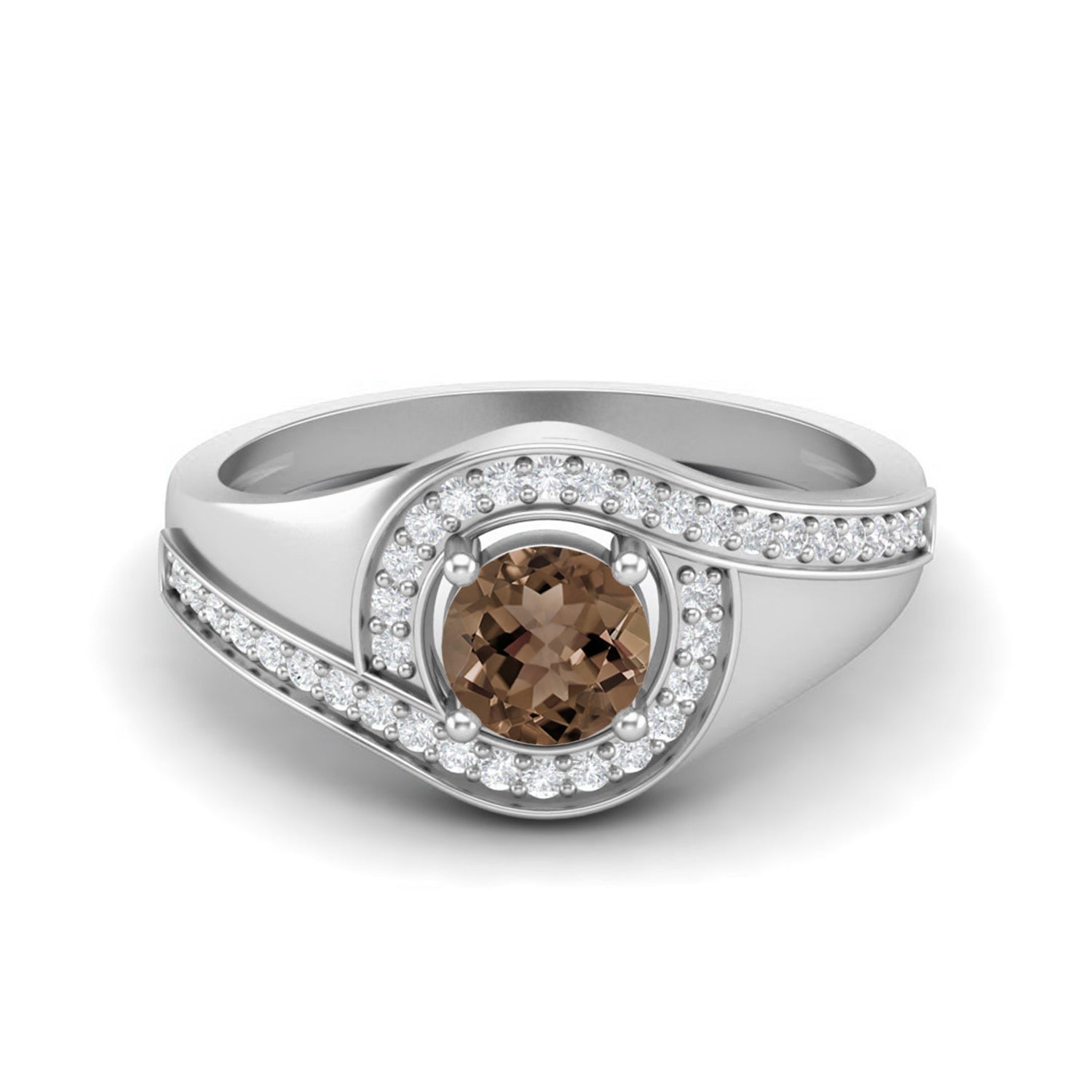 Smoky Quartz 0.50 Ct Round Halo Accent Ring – 14K Yellow Gold