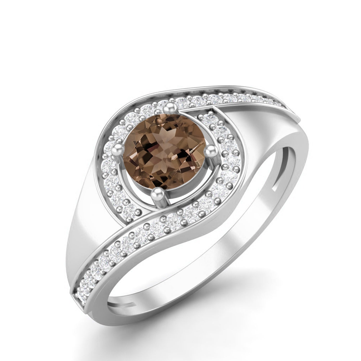 Smoky Quartz 0.50 Ct Round Halo Accent Ring – 14K Yellow Gold