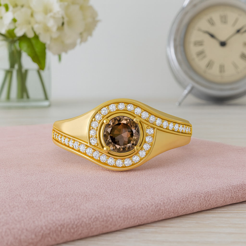 Smoky Quartz 0.50 Ct Round Halo Accent Ring – 14K Yellow Gold