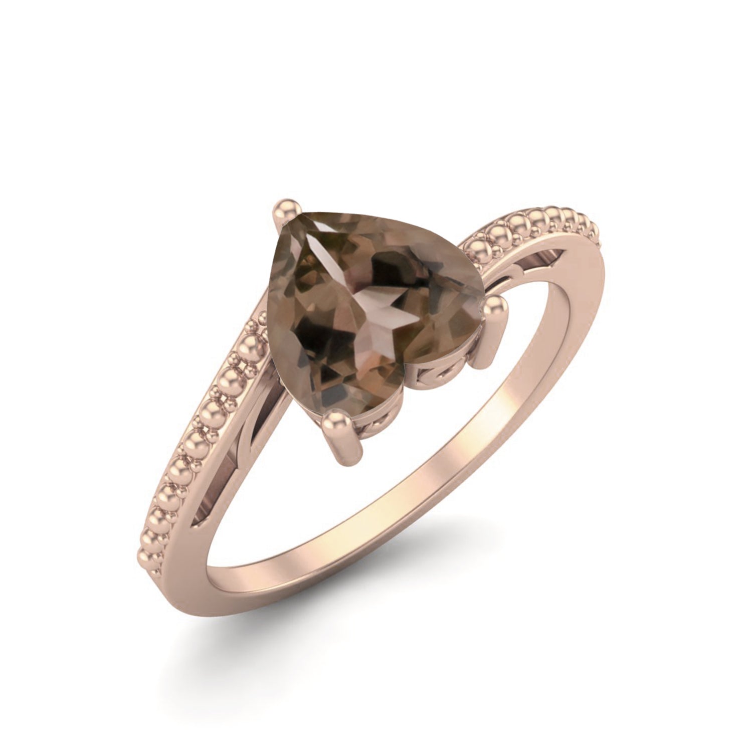 Smoky Quartz 1.25 Ct Heart Cut Beaded Band Ring – 14K Yellow Gold