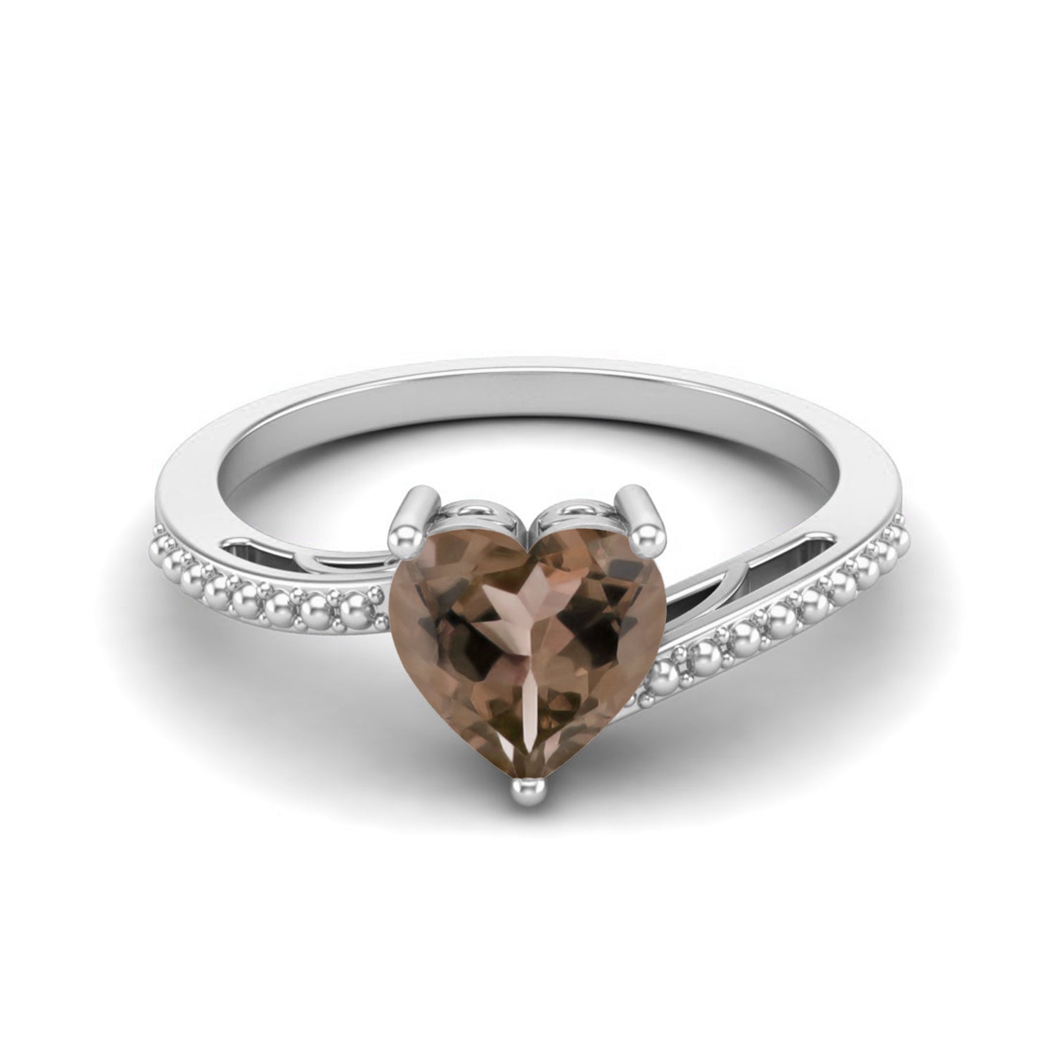 Smoky Quartz 1.25 Ct Heart Cut Beaded Band Ring – 14K Yellow Gold