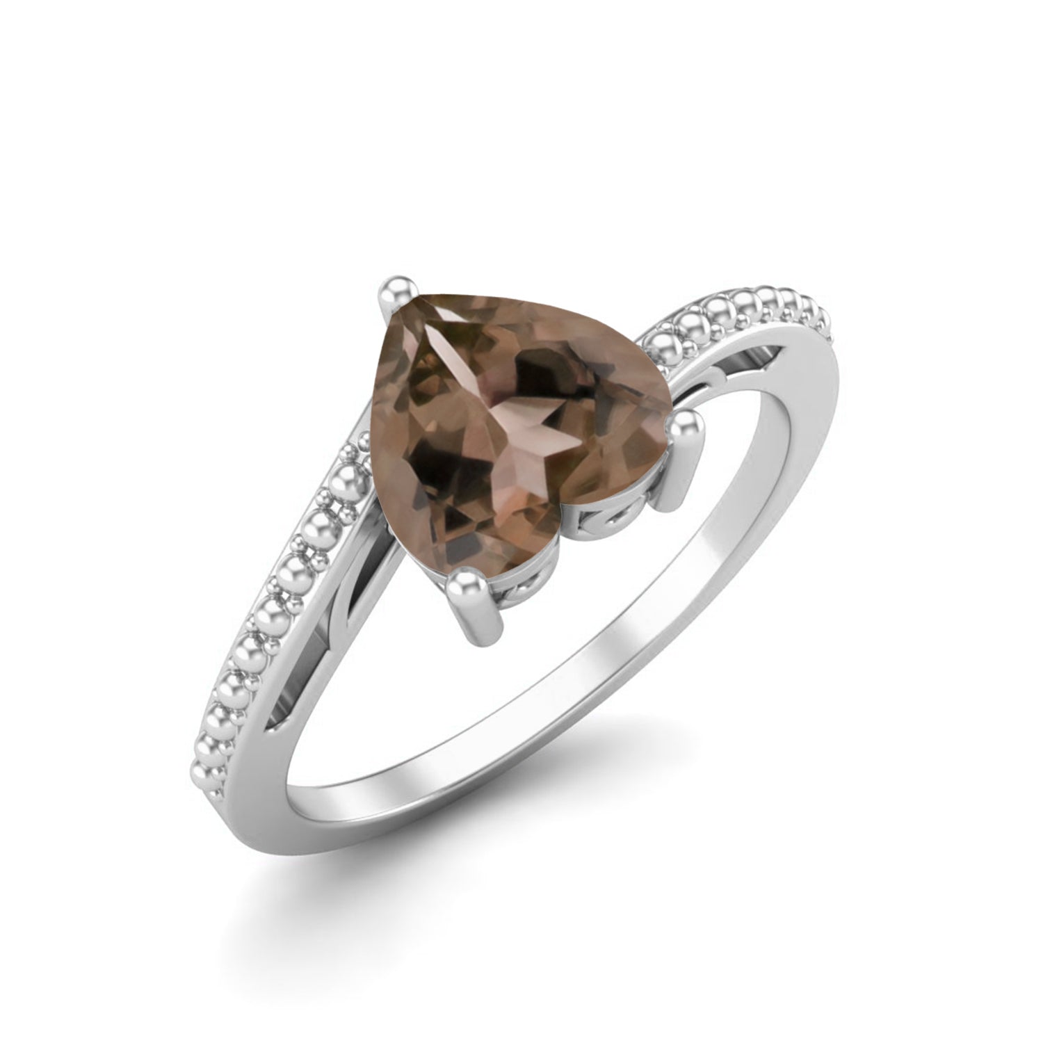 Smoky Quartz 1.25 Ct Heart Cut Beaded Band Ring – 14K Yellow Gold