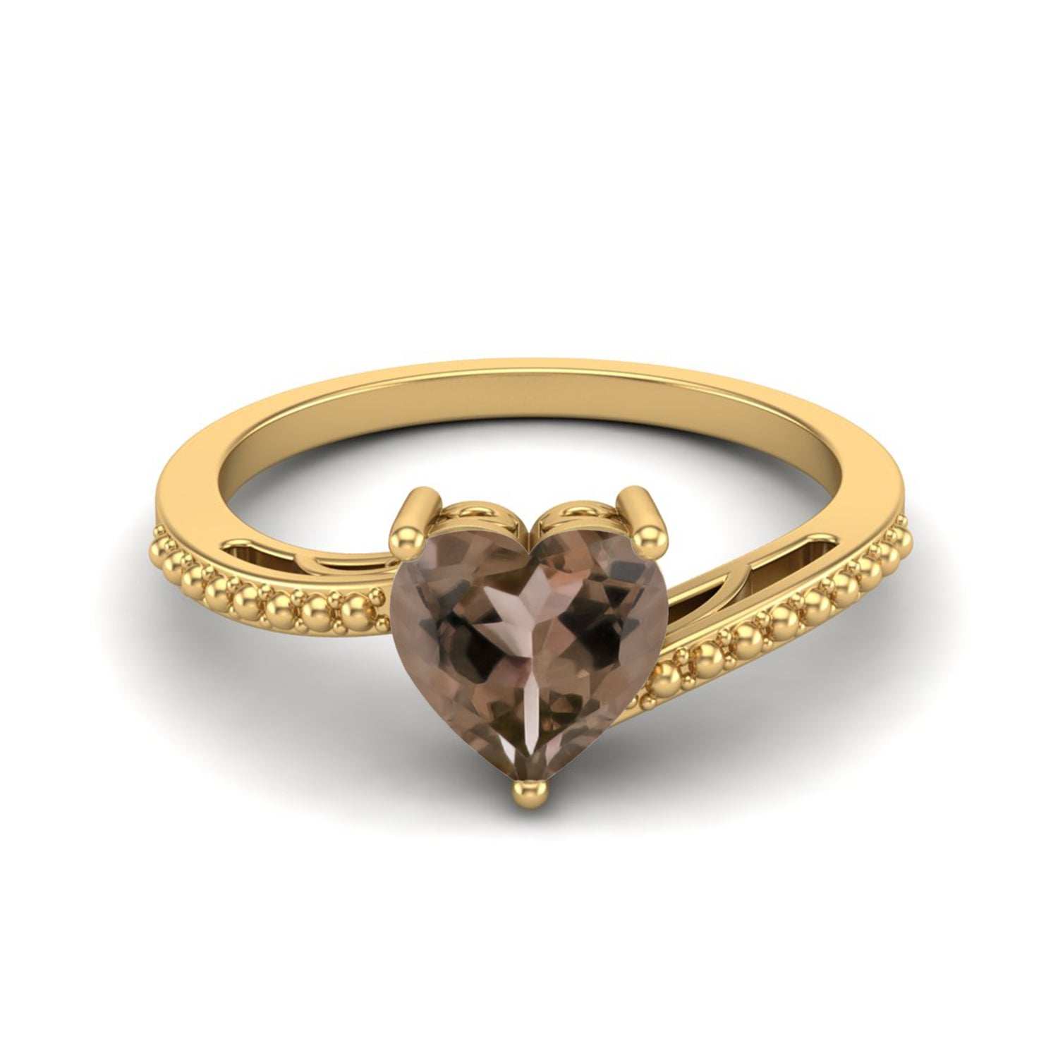 Smoky Quartz 1.25 Ct Heart Cut Beaded Band Ring – 14K Yellow Gold
