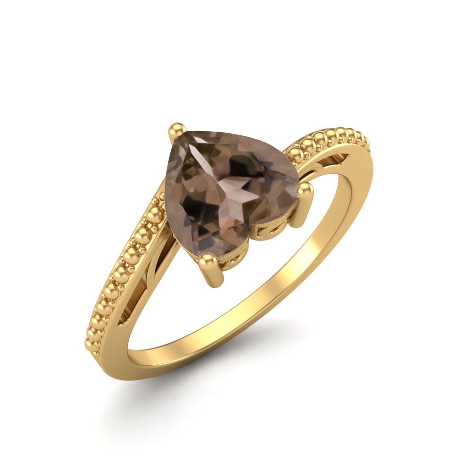 Smoky Quartz 1.25 Ct Heart Cut Beaded Band Ring – 14K Yellow Gold